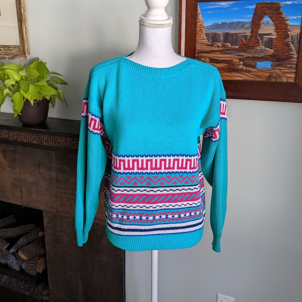 Vintage 80s/90s Turquoise Pink Stripe Patterned Boat Neck Sweater Women's Medium